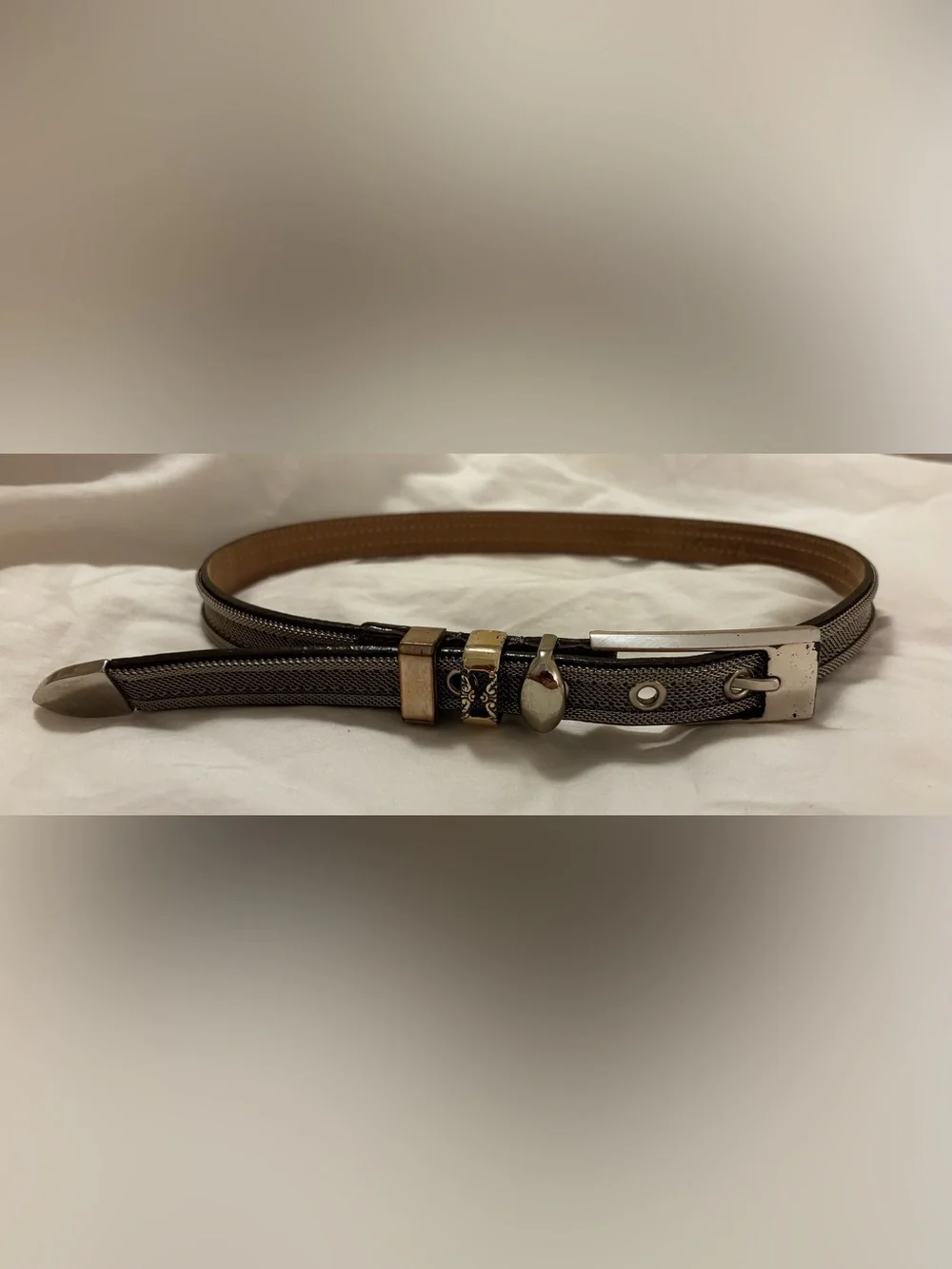 Streets Ahead Metallic Leather Skinny Belt Small Silver Gunmetal Boho Western